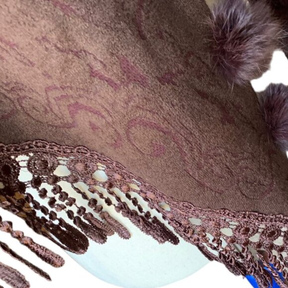 Vintage Woven Textured Fur Pom Pom with Embroidered Fringe Brown Art Shawl Brown - Picture 4 of 11